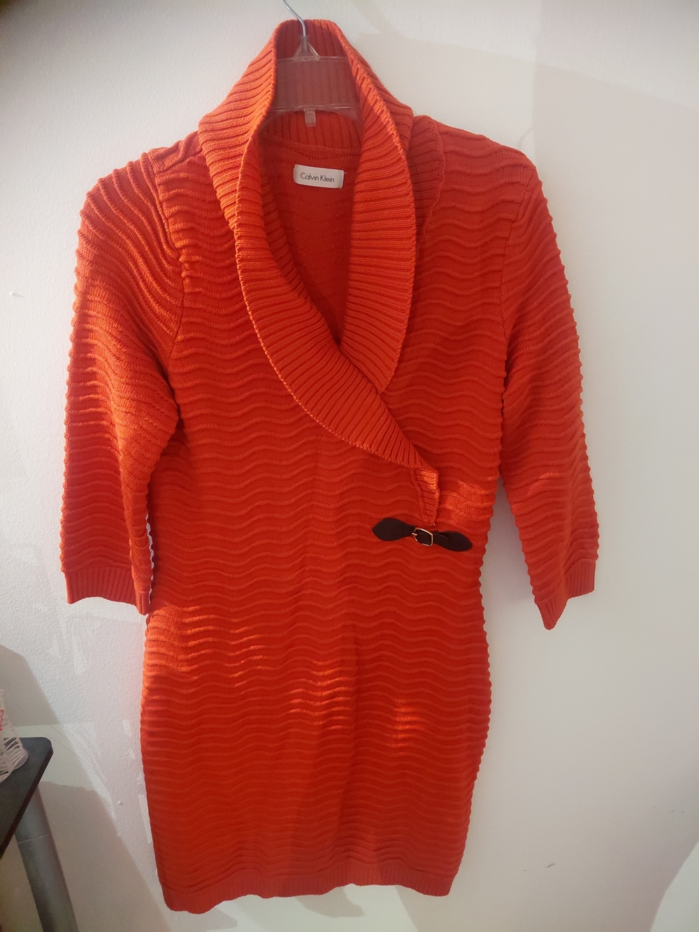 Calvin Klein Orange Ribbed Shawl Collar Sweater Dress